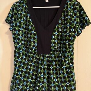 Charter Club Black and Green Geometric Blouse